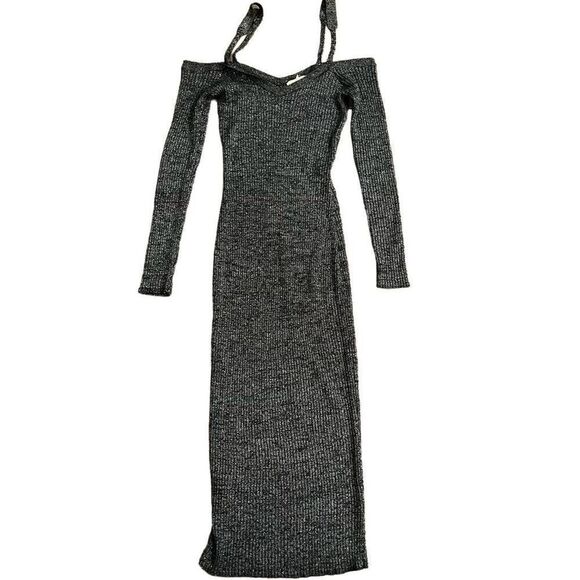 Open Edit Maxi Dress Women's Medium Black Ribbed Off The Shoulder Long Sleeve - Picture 1 of 6